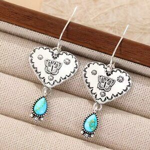 Earrings Handmade Artisan Turquoise Silvery Heart Inlaid Butterfly Bohemian Chic